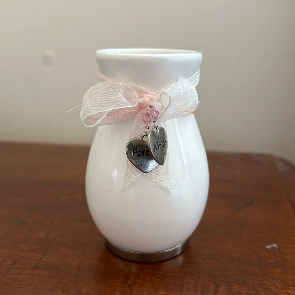 Small White Decorative Ceramic Jar with Pink Bow